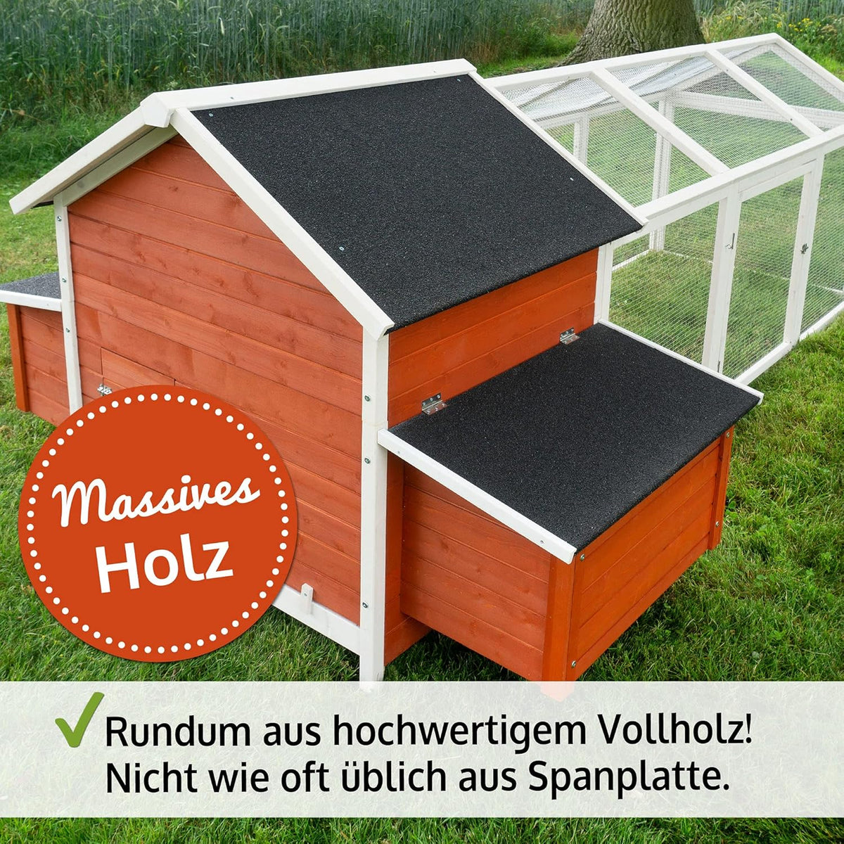 großer Hühnerstall - mit Regen und Sonnenschutz – Hühnerstall aus massivem Vollholz & stabilem Draht – schnell zu reinigen – witterungsbeständig dank hochwertiger Lasur –mit oder ohne Voliere