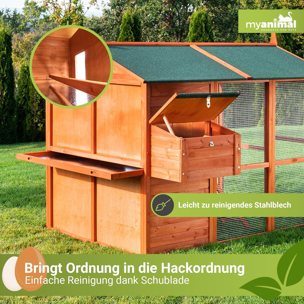 Miweba MyAnimal Hühnerstall MH-15 XXL | 186x146x147 cm - Für 7 Hühner - Nistkasten mit Freilaufgehege - Sitzstange - Winterfest - 2 Ebenen - Hühnerhaus mit Eiablage - Kiefernholz - Voliere (Braun)
