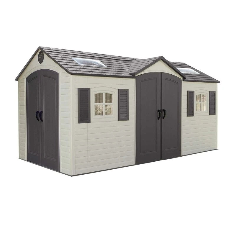 Double entry 15' wide x 8' deep plastic storage shed