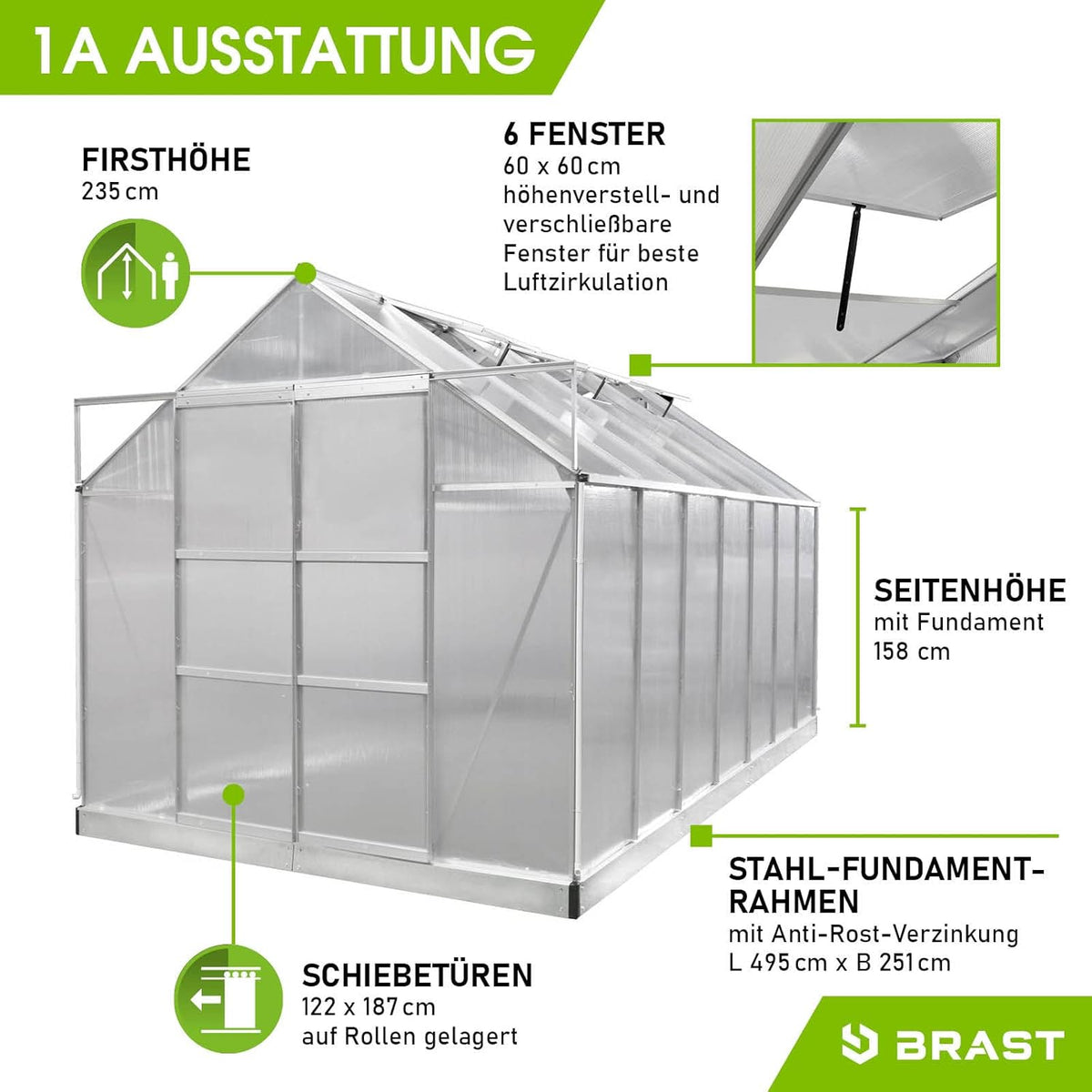 BRAST Aluminium Greenhouse with Base 490 x 250 x 235 cm, TÜV Tested, 6 mm Hollow Chamber Panels, Rustproof/Weatherproof/Temperature-Resistant