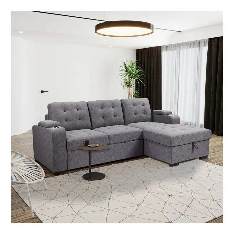 Living Room Tifted Sectional Sofa Lounger with Storage Chaise, Modern Convertible L-Shaped Sleeper Sofa Couch, Grey
