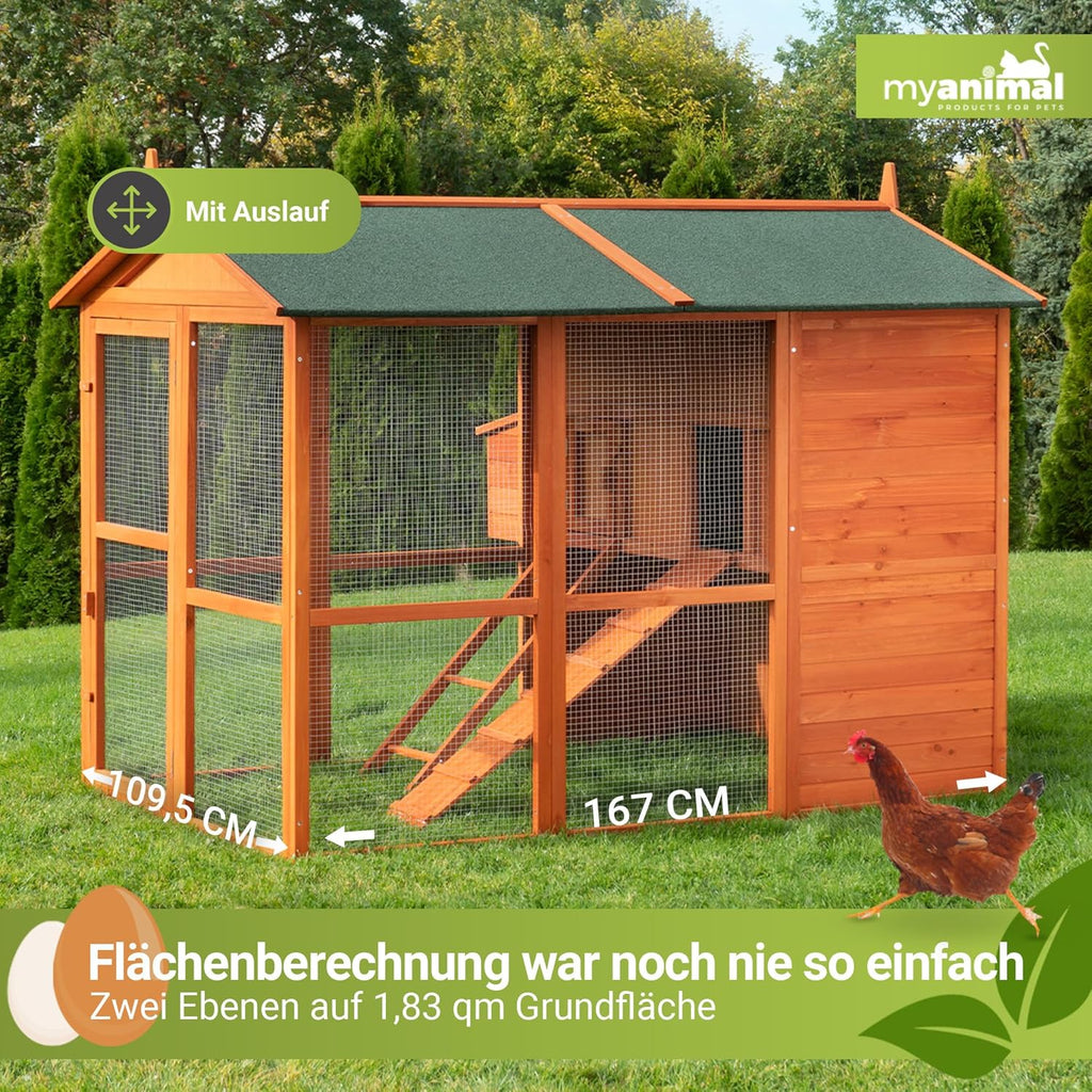 Miweba MyAnimal Hühnerstall MH-15 XXL | 186x146x147 cm - Für 7 Hühner - Nistkasten mit Freilaufgehege - Sitzstange - Winterfest - 2 Ebenen - Hühnerhaus mit Eiablage - Kiefernholz - Voliere (Braun)