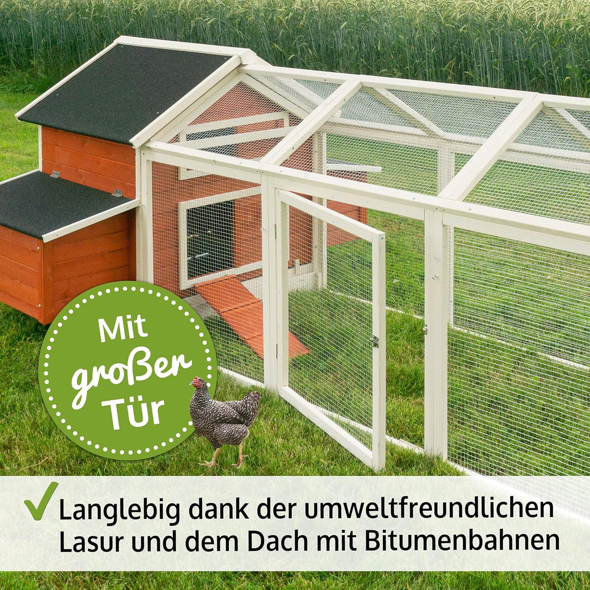 großer Hühnerstall - mit Regen und Sonnenschutz – Hühnerstall aus massivem Vollholz & stabilem Draht – schnell zu reinigen – witterungsbeständig dank hochwertiger Lasur –mit oder ohne Voliere