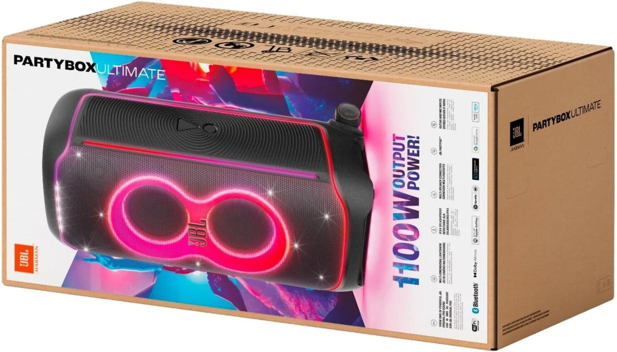 JBL Partybox Ultimate - Multi Purpose Party Speaker, with Wi-fi & Bluetooth Connectivity, Wireless, Lightshow, IPx4 Slashproof, Dual Mic & Guitar Inputs, Handle & Sturdy Wheels, Black