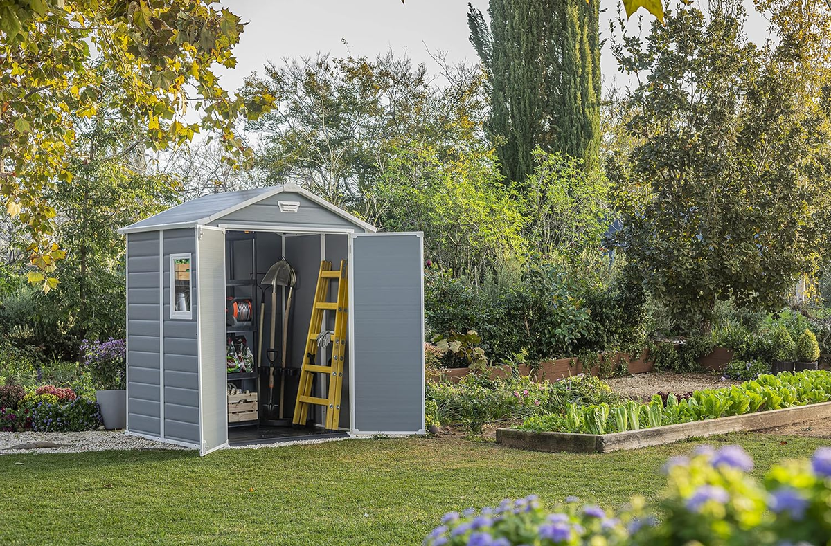 Keter Manor Outdoor Plastic Garden Storage Shed, Grey, 6 x 8 ft