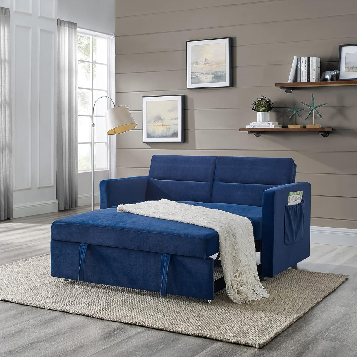 Merax 54.5'' Modern Convertible Sleeper Sofa Bed with Two Side Pockets, Velvet Sofa w/Pull-Out Bed Loveseat Sofa Couch and Adjsutable Back for Living Room (Beige)