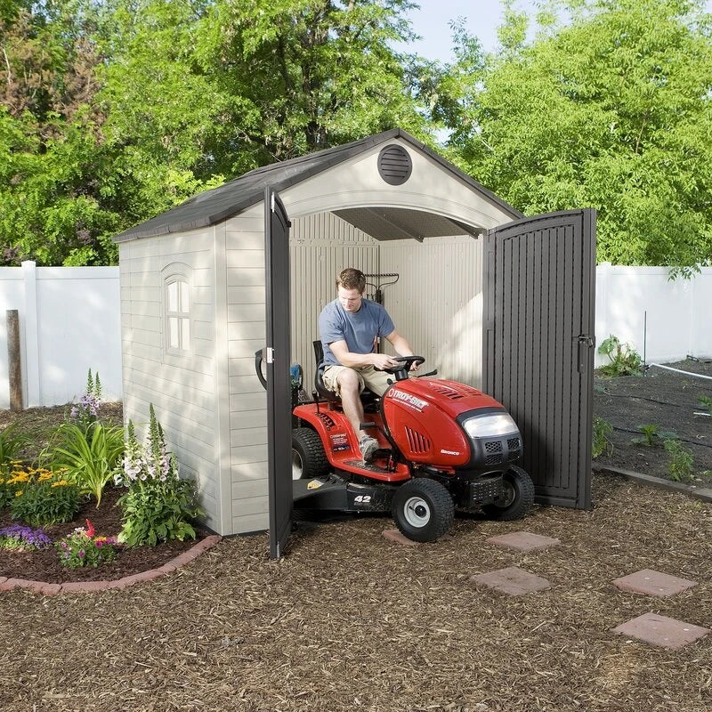 8' wide x 7' 4" deep plastic storage shed