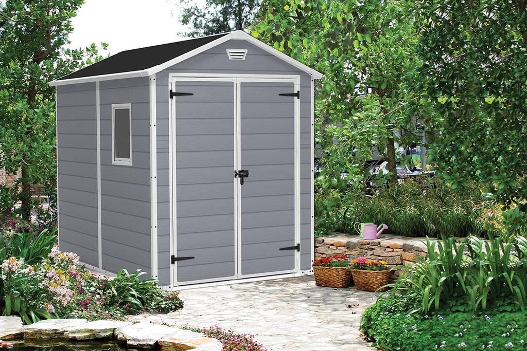 Keter Manor Outdoor Plastic Garden Storage Shed, Grey, 6 x 8 ft