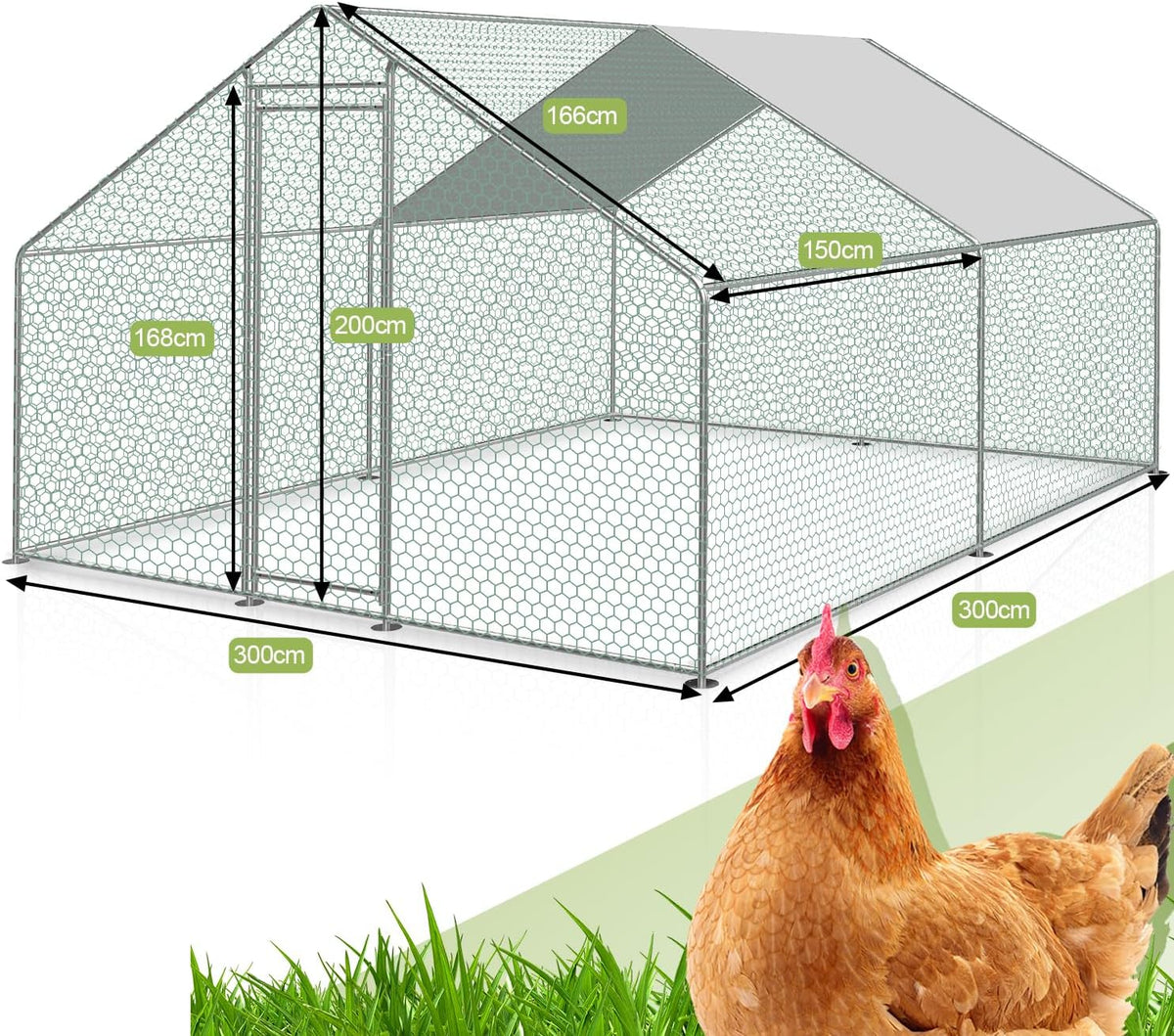 Sonnewelt Freilaufgehege 3x3x2m Hühnerstall Verzinkter Stahl Kleintierstall Hühnerhaus Dach Geflügelstall mit Sonnenschutzdach und Tür für Haustierkäfig Hühnerkäfig Vogelkäfig Kleintiere Pflanzen