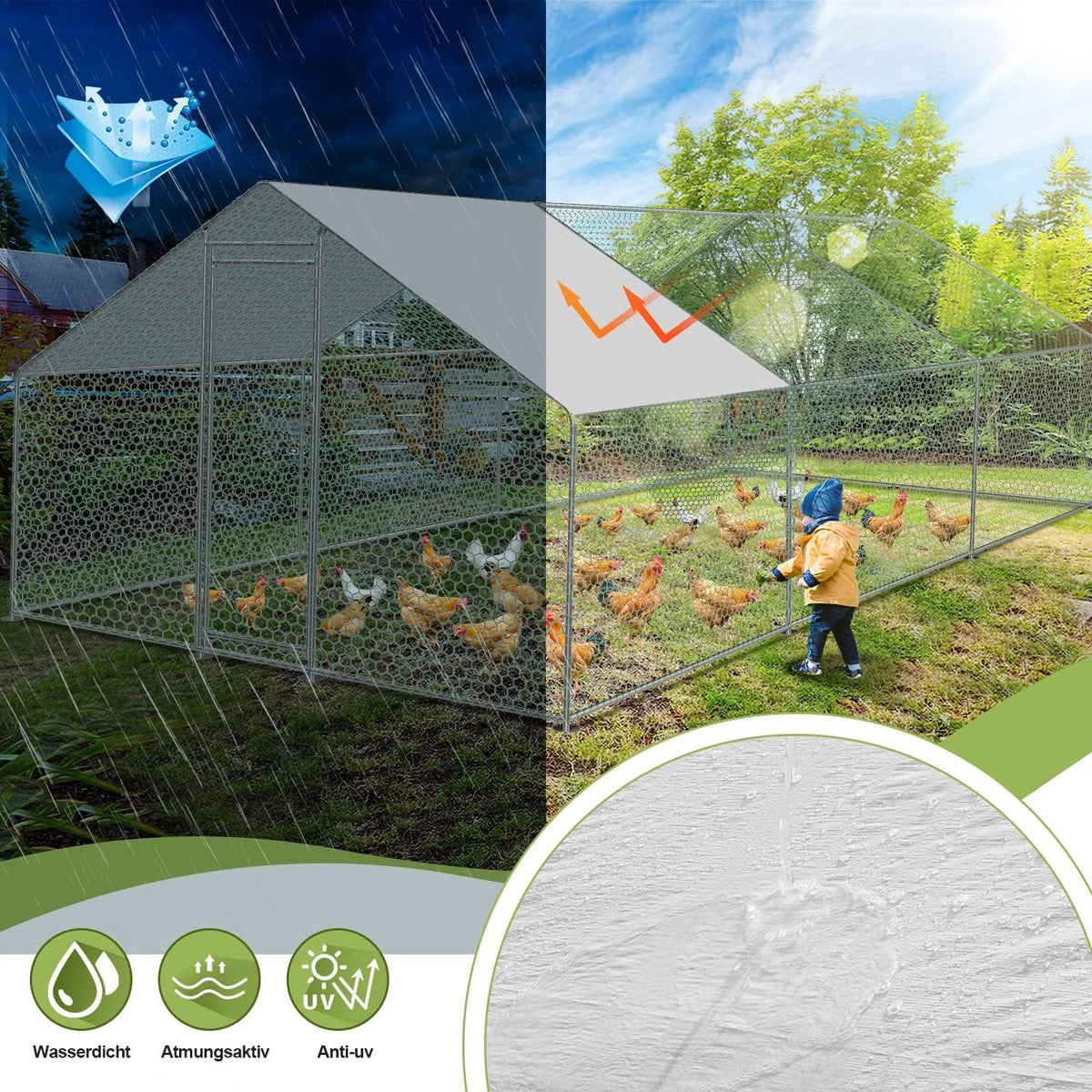 Sonnewelt Freilaufgehege 3x6x2m Hühnerstall Verzinkter Stahl Kleintierstall Hühnerhaus Dach Geflügelstall mit Sonnenschutzdach und Tür für Haustierkäfig Hühnerkäfig Vogelkäfig Kleintiere Pflanzen