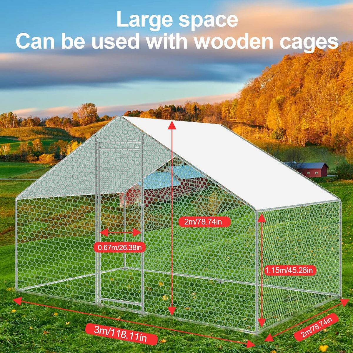 Sonnewelt Freilaufgehege 3x2x2m Hühnerstall Verzinkter Stahl Kleintierstall Hühnerhaus Dach Geflügelstall mit Sonnenschutzdach und Tür für Haustierkäfig Hühnerkäfig Vogelkäfig Kleintiere Pflanzen