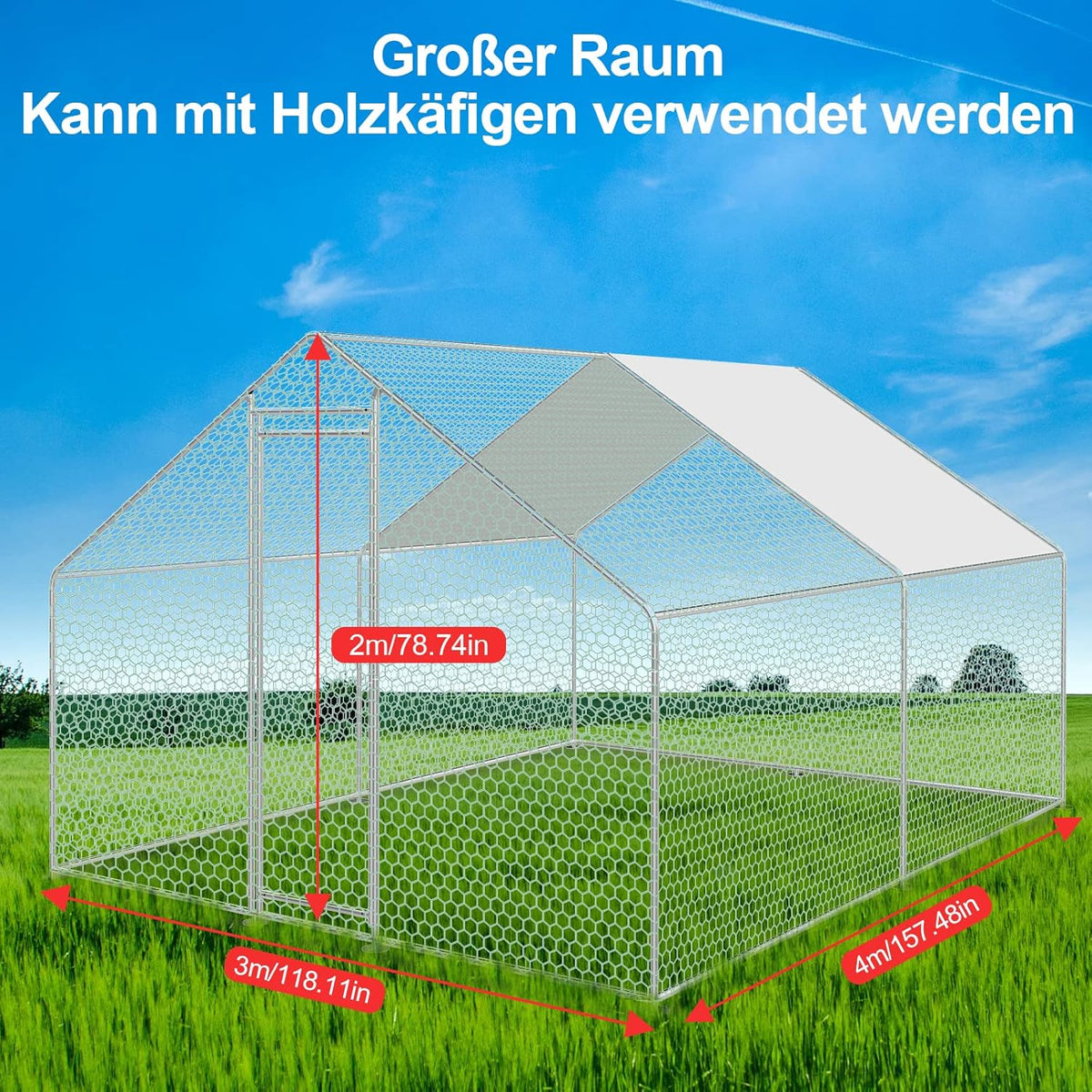Sonnewelt Freilaufgehege 3x4x2m Hühnerstall Verzinkter Stahl Kleintierstall Hühnerhaus Dach Geflügelstall mit Sonnenschutzdach und Tür für Haustierkäfig Hühnerkäfig Vogelkäfig Kleintiere Pflanzen