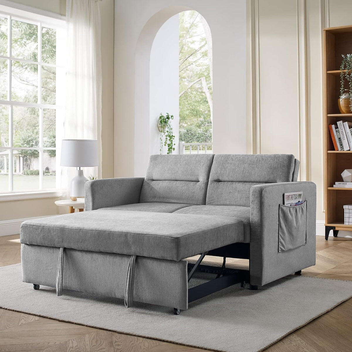 Merax 54.5'' Modern Convertible Sleeper Sofa Bed with Two Side Pockets, Velvet Sofa w/Pull-Out Bed Loveseat Sofa Couch and Adjsutable Back for Living Room (Beige)