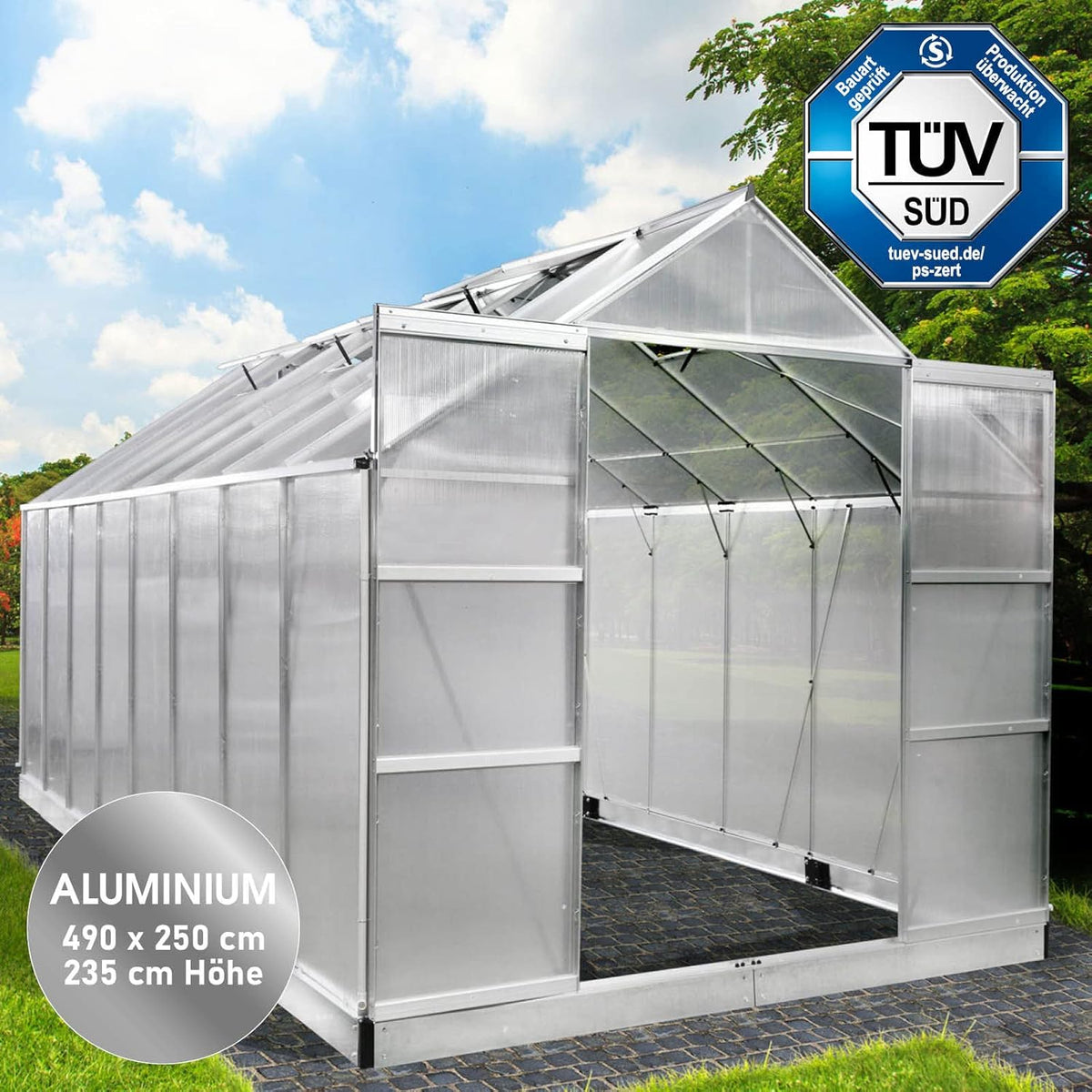 BRAST Aluminium Greenhouse with Base 490 x 250 x 235 cm, TÜV Tested, 6 mm Hollow Chamber Panels, Rustproof/Weatherproof/Temperature-Resistant
