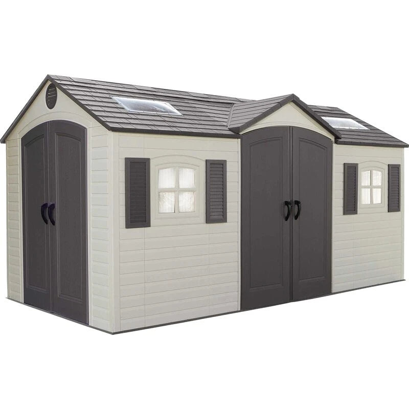 Double entry 15' wide x 8' deep plastic storage shed