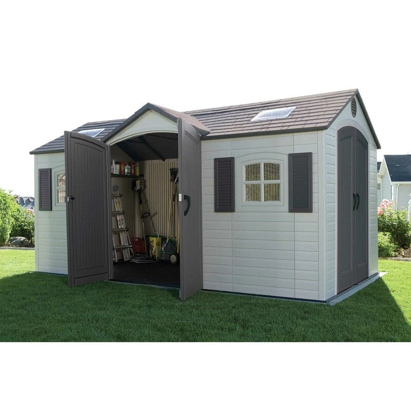 Double entry 15' wide x 8' deep plastic storage shed