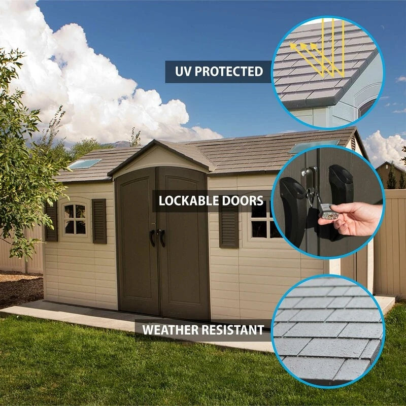 Double entry 15' wide x 8' deep plastic storage shed