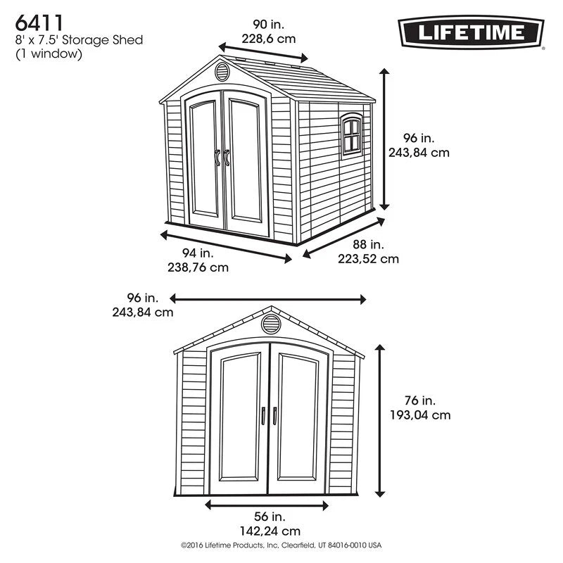 8' wide x 7' 4" deep plastic storage shed