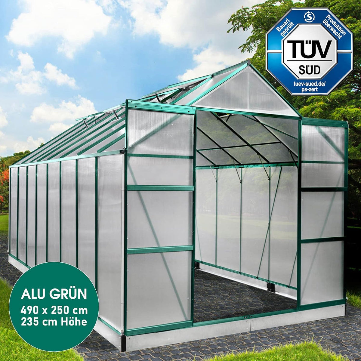 BRAST Aluminium Greenhouse with Base 490 x 250 x 235 cm, TÜV Tested, 6 mm Hollow Chamber Panels, Rustproof/Weatherproof/Temperature-Resistant