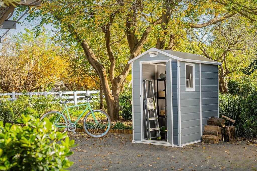 Keter Manor Outdoor Plastic Garden Storage Shed, Grey, 6 x 8 ft